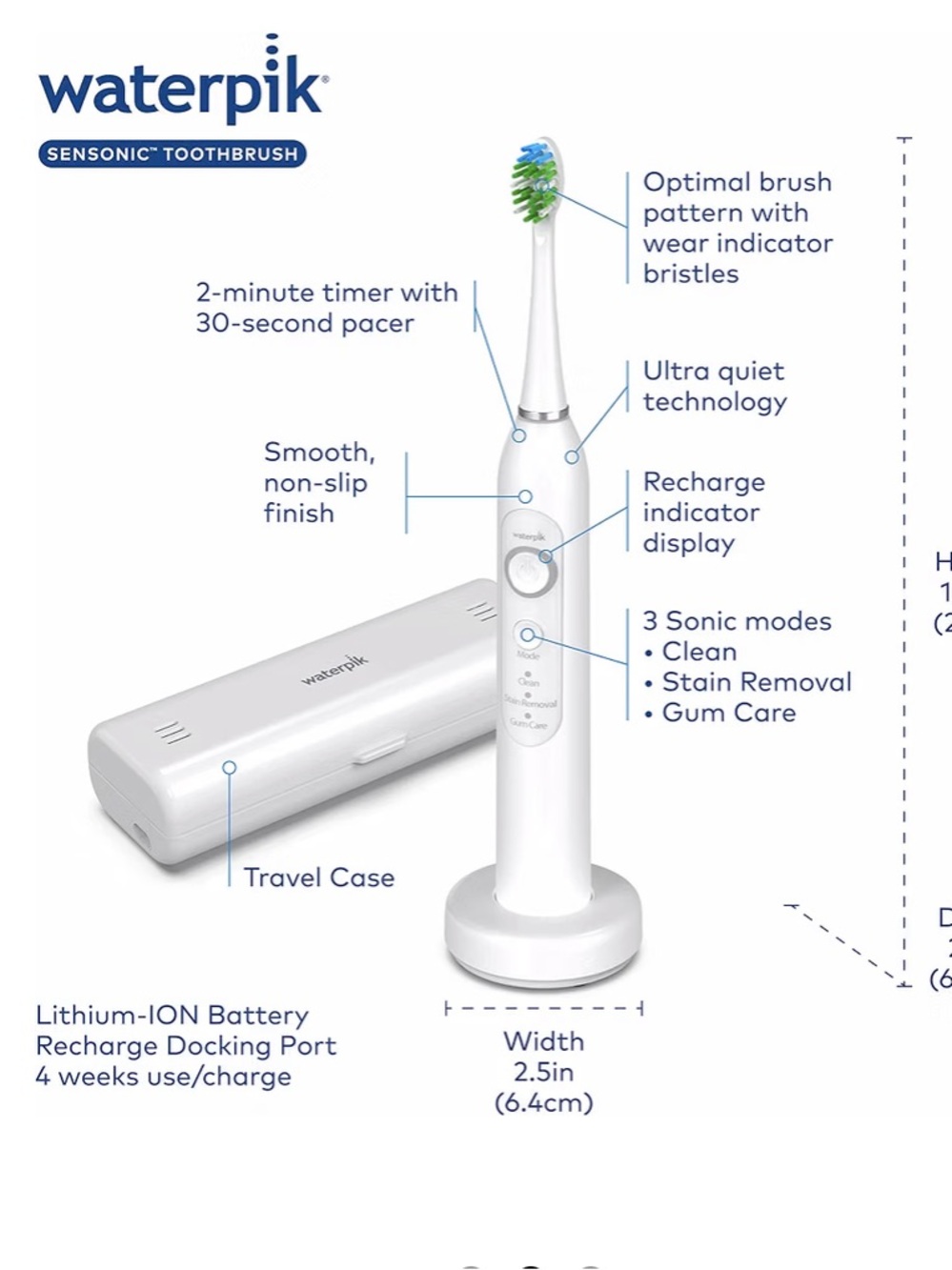 Waterpik Sensonic Sonic Electric Toothbrush, Rechargeable, 3 Modes, White New